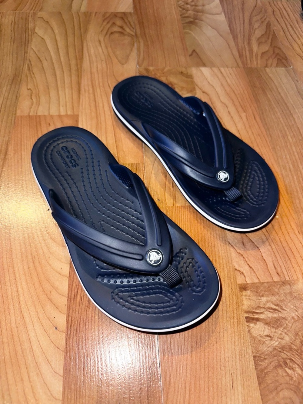 CROCS Kids Navy Blue Flip Flop Sandals with White Trim